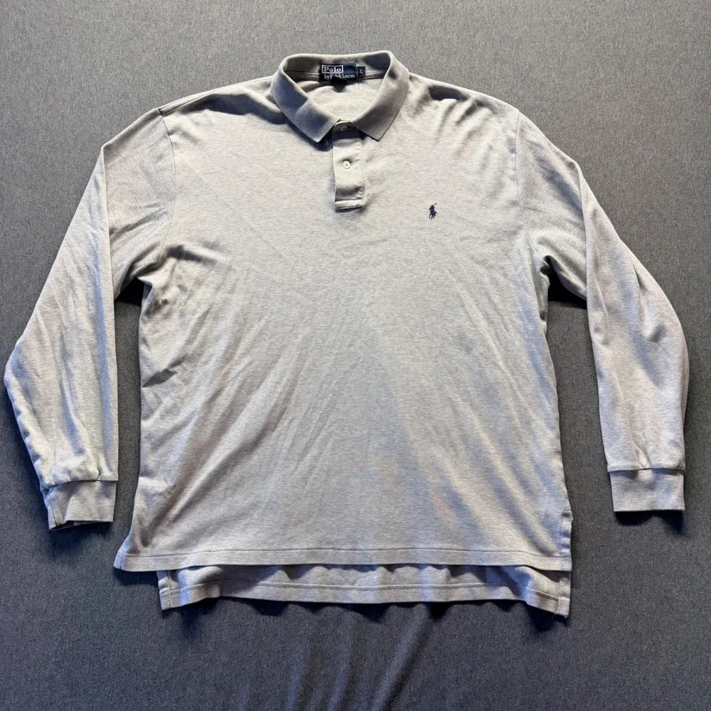 Polo Ralph Lauren Mens Large Long Sleeve Heather Grey Pony Logo Polo Shirt L